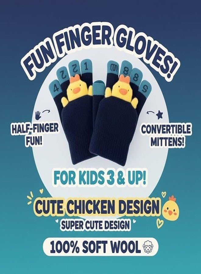 SOLDTRUE 2-in-1 Convertible Baby Wool Gloves | Cute Cartoon Design Full & Half Finger Knitted Winter Gloves for 3-7 Years Kids | Warm, Soft, Windproof & Flexible Christmas Gift (Dark Blue) - Image 2